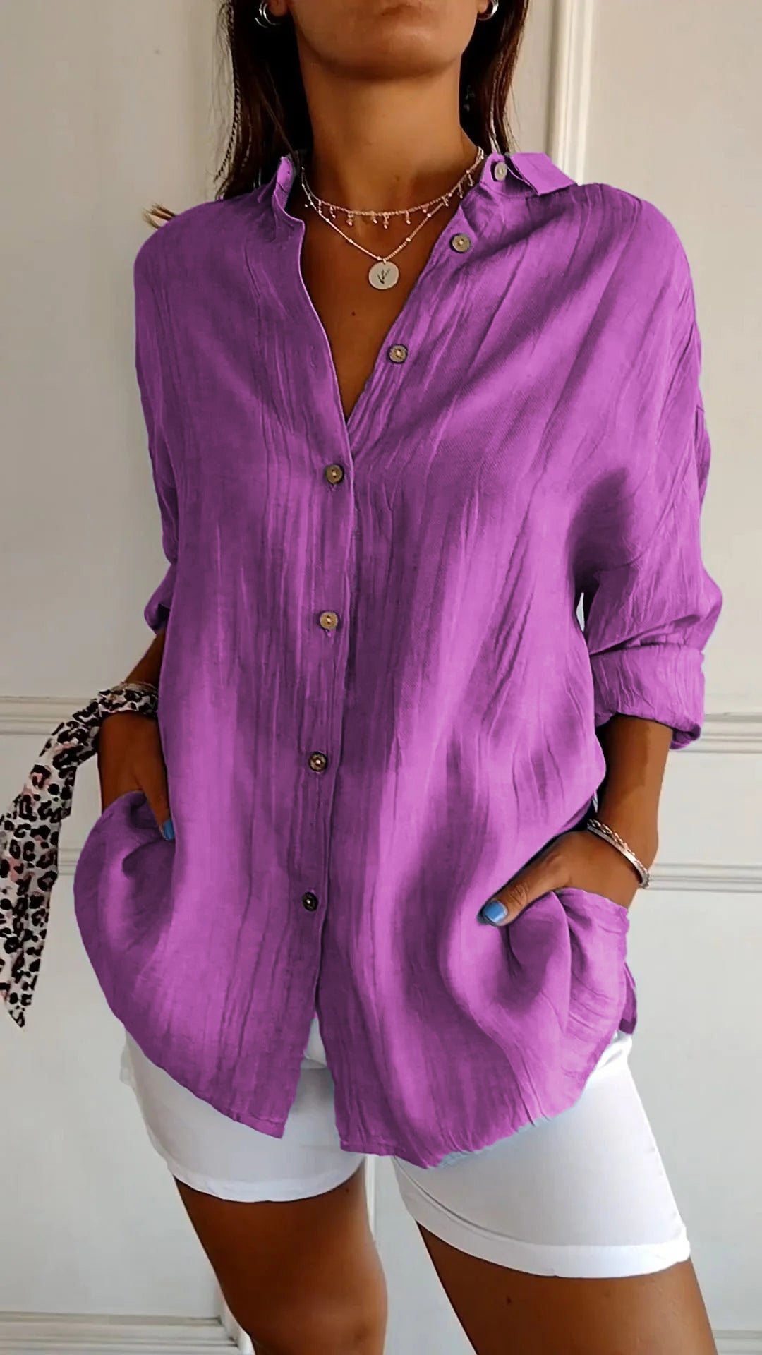 Emily Oversized Button-Up Shirt with Drop Shoulder and Wide Cuff - Purple