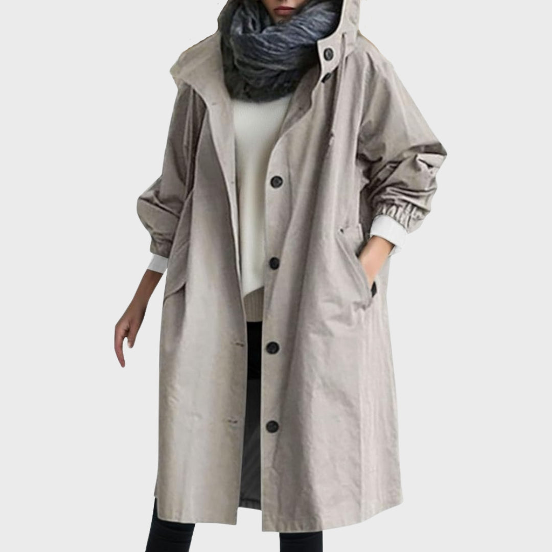 Emmie Hooded Trench Coat with Patch Pockets and Yoke - Gray