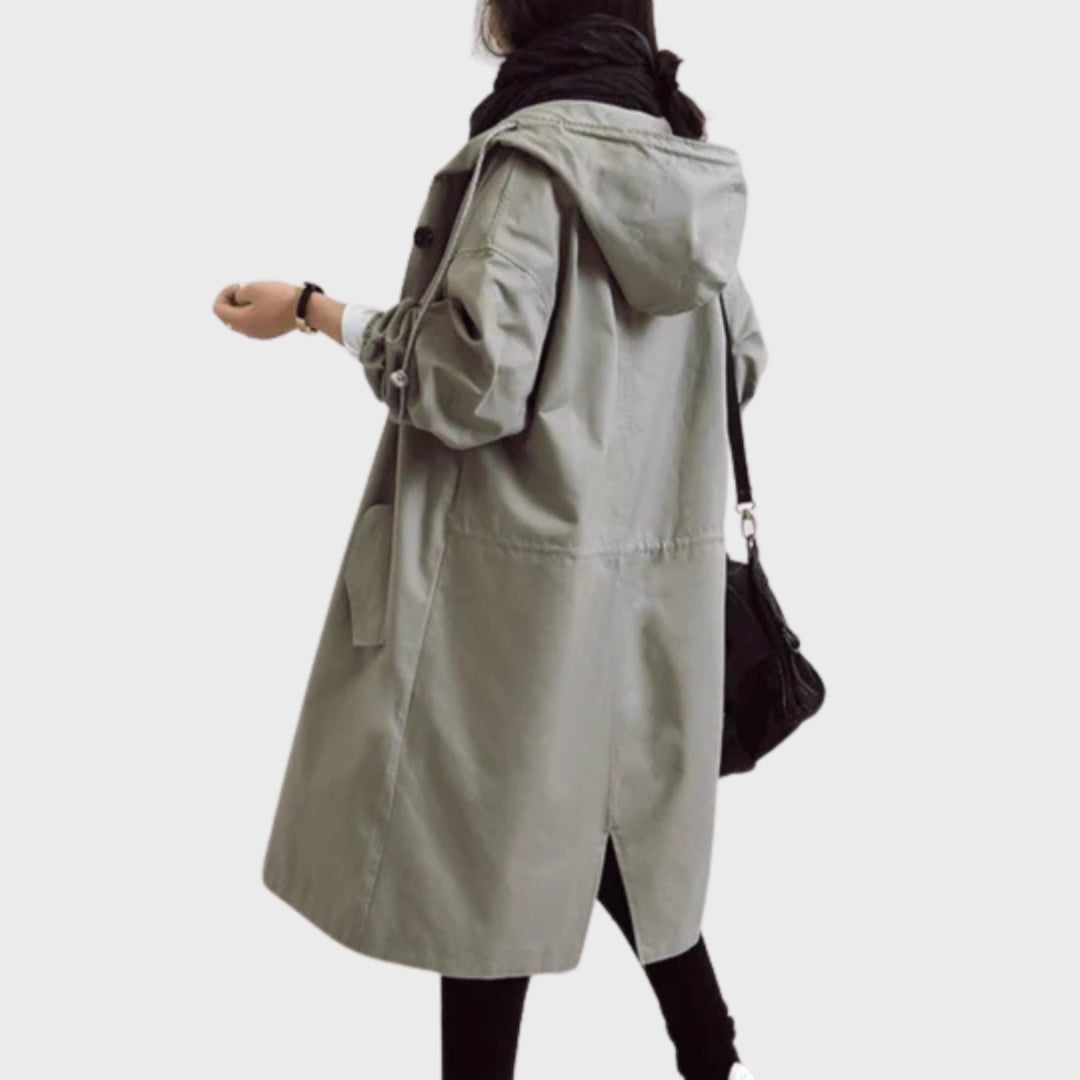 Emmie Hooded Trench Coat with Patch Pockets and Yoke - Gray