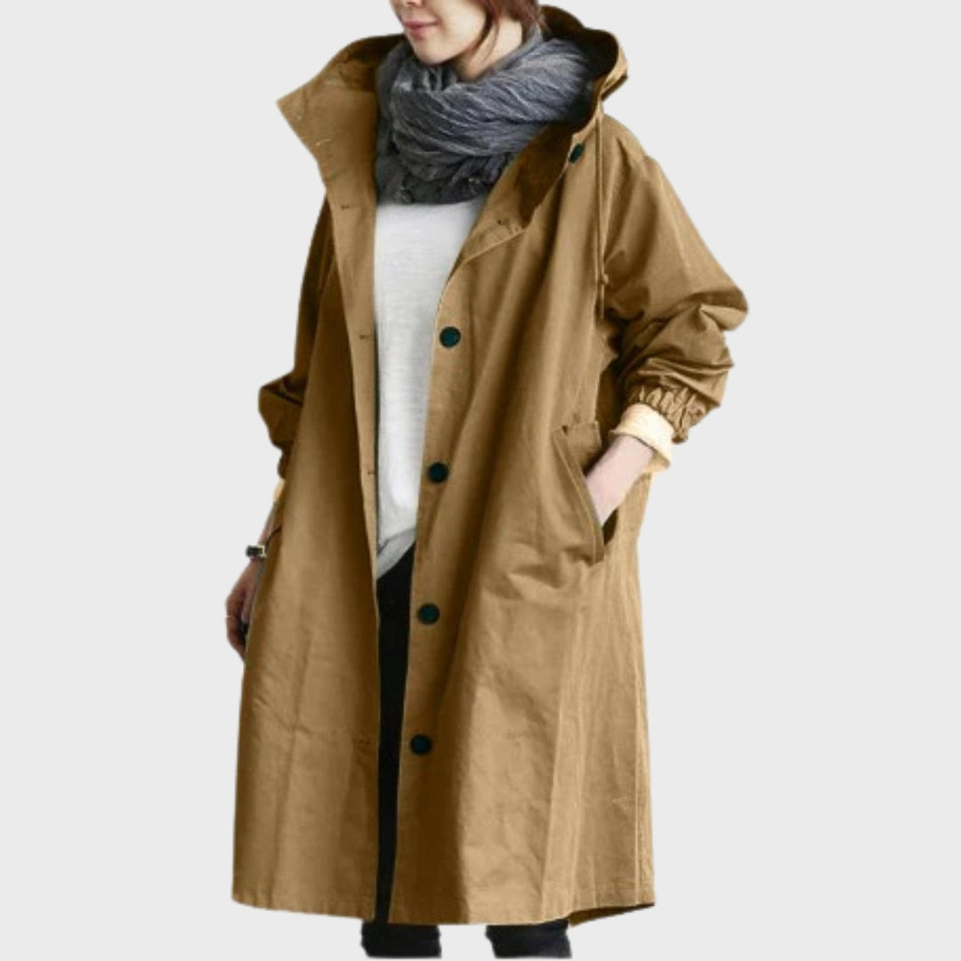 Emmie Hooded Trench Coat with Patch Pockets and Yoke - Brown