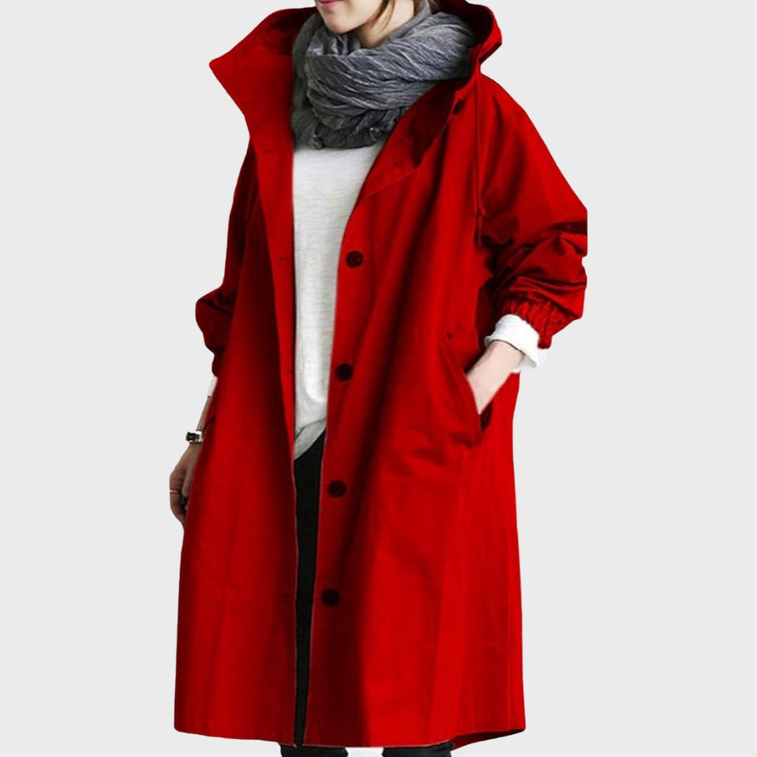 Emmie Hooded Trench Coat with Patch Pockets and Yoke - Red
