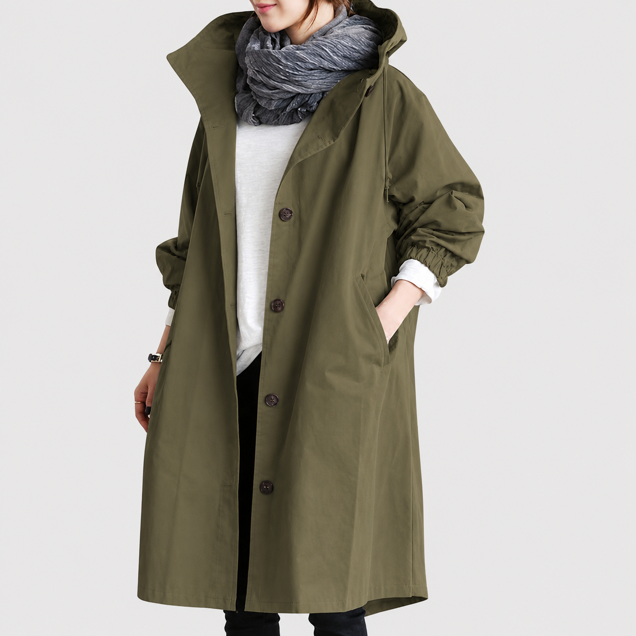 Emmie Hooded Trench Coat with Patch Pockets and Yoke - Army Green