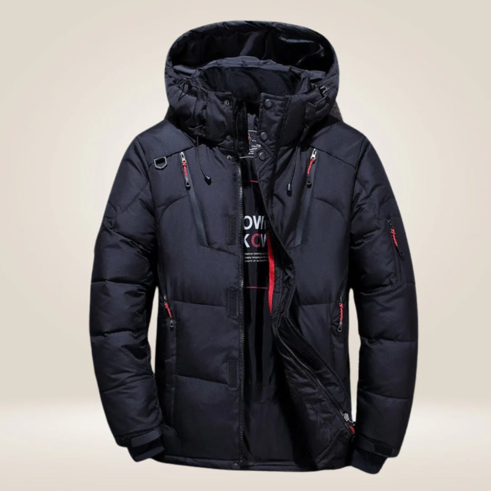 Eric Men's Puffer Jacket with Stand Collar and Hip Hem - Black