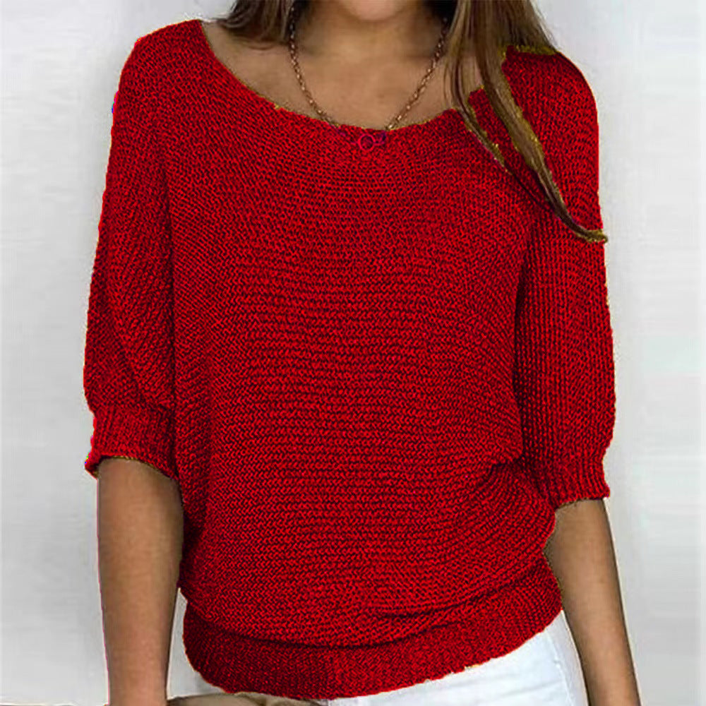 Euna Boat Neck Knit Sweater with Three-Quarter Sleeves - Red