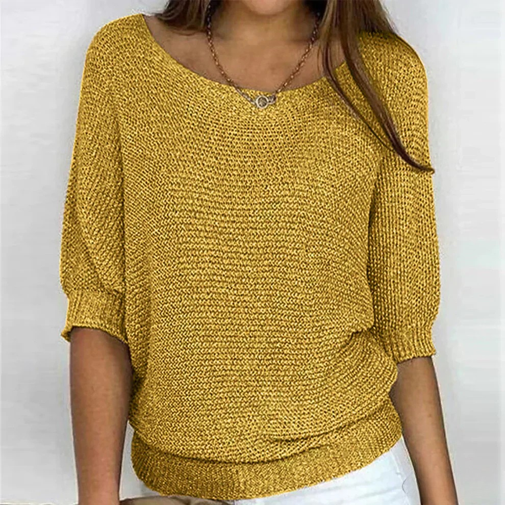 Euna Boat Neck Knit Sweater with Three-Quarter Sleeves - Yellow