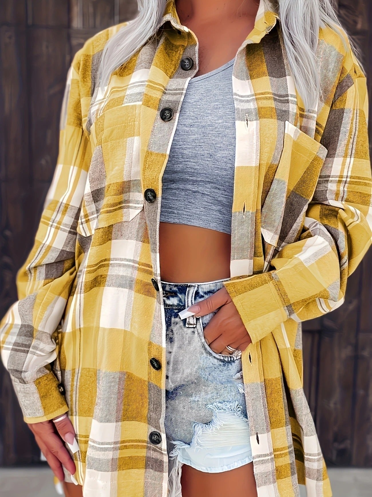 Eva Plaid Flannel Shirt Jacket with Chest Pockets - Yellow