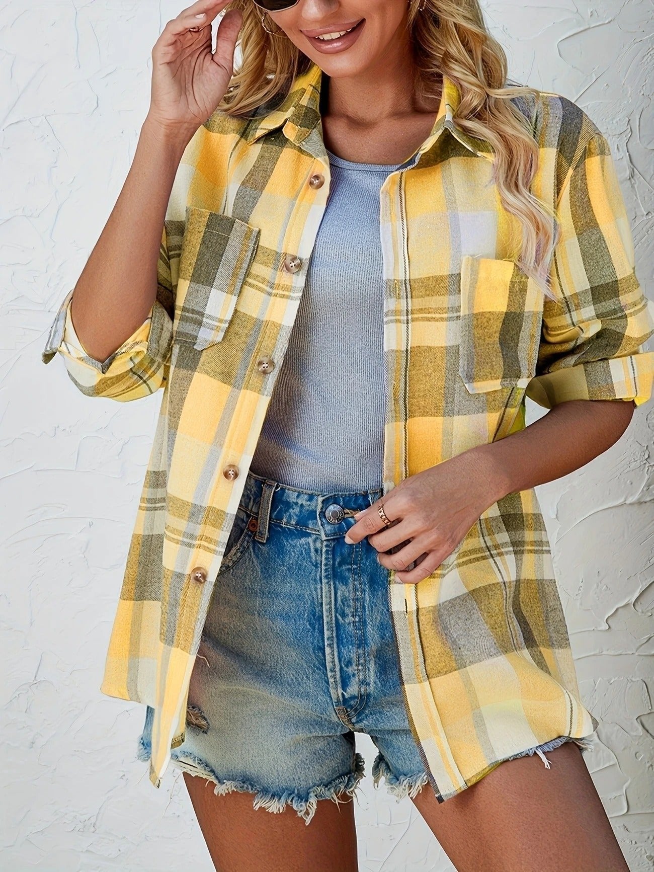 Eva Plaid Flannel Shirt Jacket with Chest Pockets - Yellow