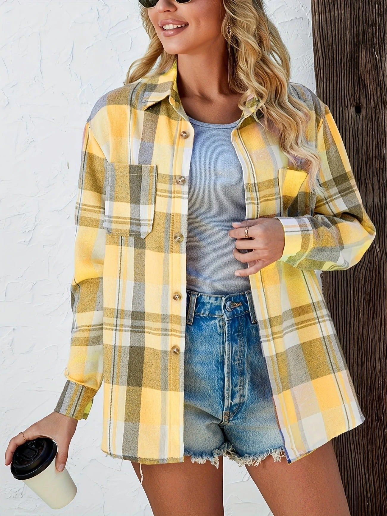 Eva Plaid Flannel Shirt Jacket with Chest Pockets - Yellow