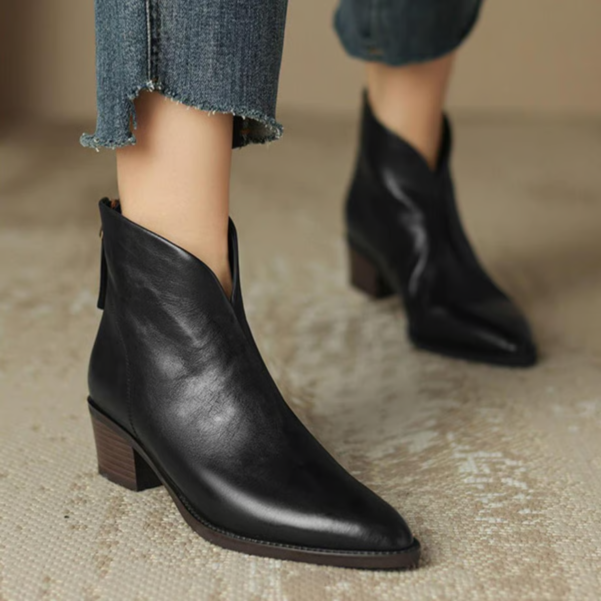 Felly Low Heel Ankle Boots with Zip Entry and Block Heel - Black