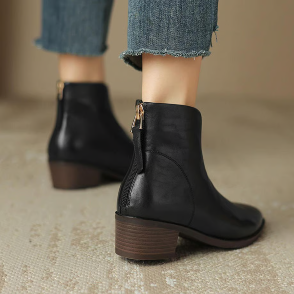 Felly Low Heel Ankle Boots with Zip Entry and Block Heel - Black