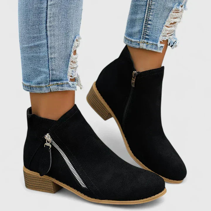 Friana Ankle Boots with Zip and Low Block Heel - Black