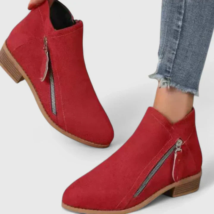 Friana Ankle Boots with Zip and Low Block Heel - Red