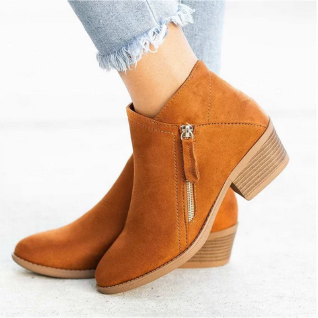 Friana Ankle Boots with Zip and Low Block Heel - Brown