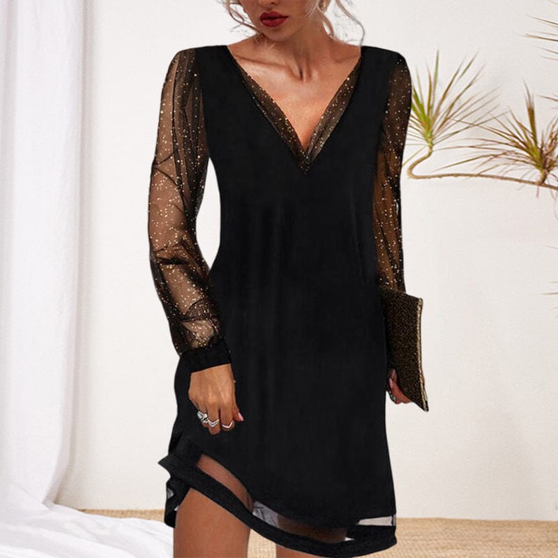 Greta V-Neck Mini Dress with Shimmer Sleeves and Concealed Zip - Black