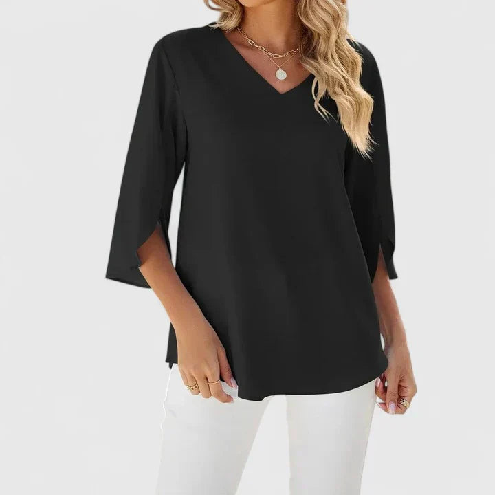 Gunda Ruffle V-Neck Blouse with Three-Quarter Sleeves - Black