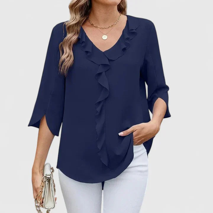 Gunda Ruffle V-Neck Blouse with Three-Quarter Sleeves - Classic Blue