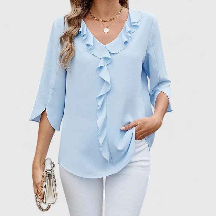 Gunda Ruffle V-Neck Blouse with Three-Quarter Sleeves - Blue