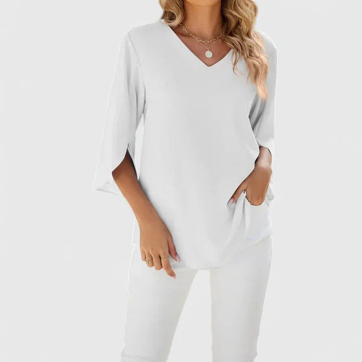 Gunda Ruffle V-Neck Blouse with Three-Quarter Sleeves - White