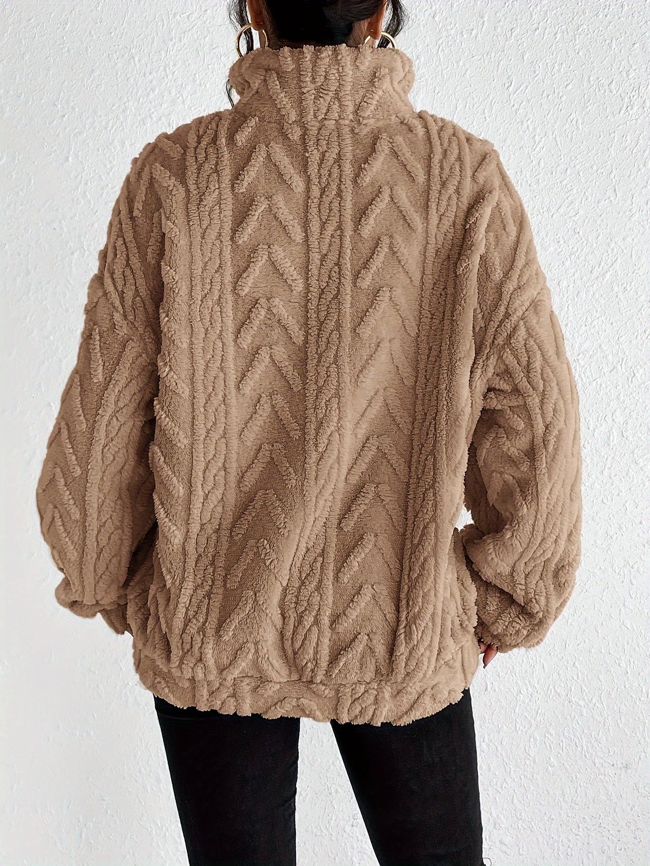 Hannelore Quarter-Zip Fleece Pullover with Cable Texture - Khaki