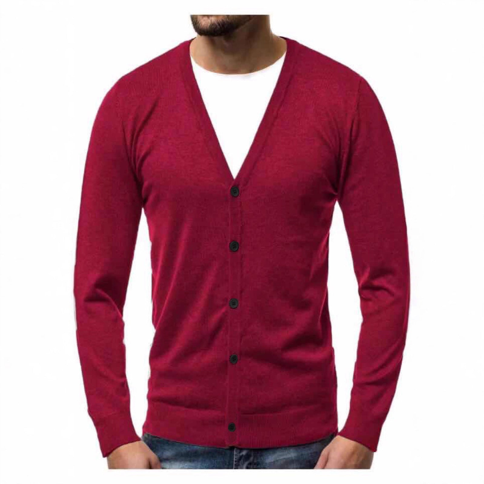 Hartwig Men's V-Neck Cardigan with Button Placket - Wine Red
