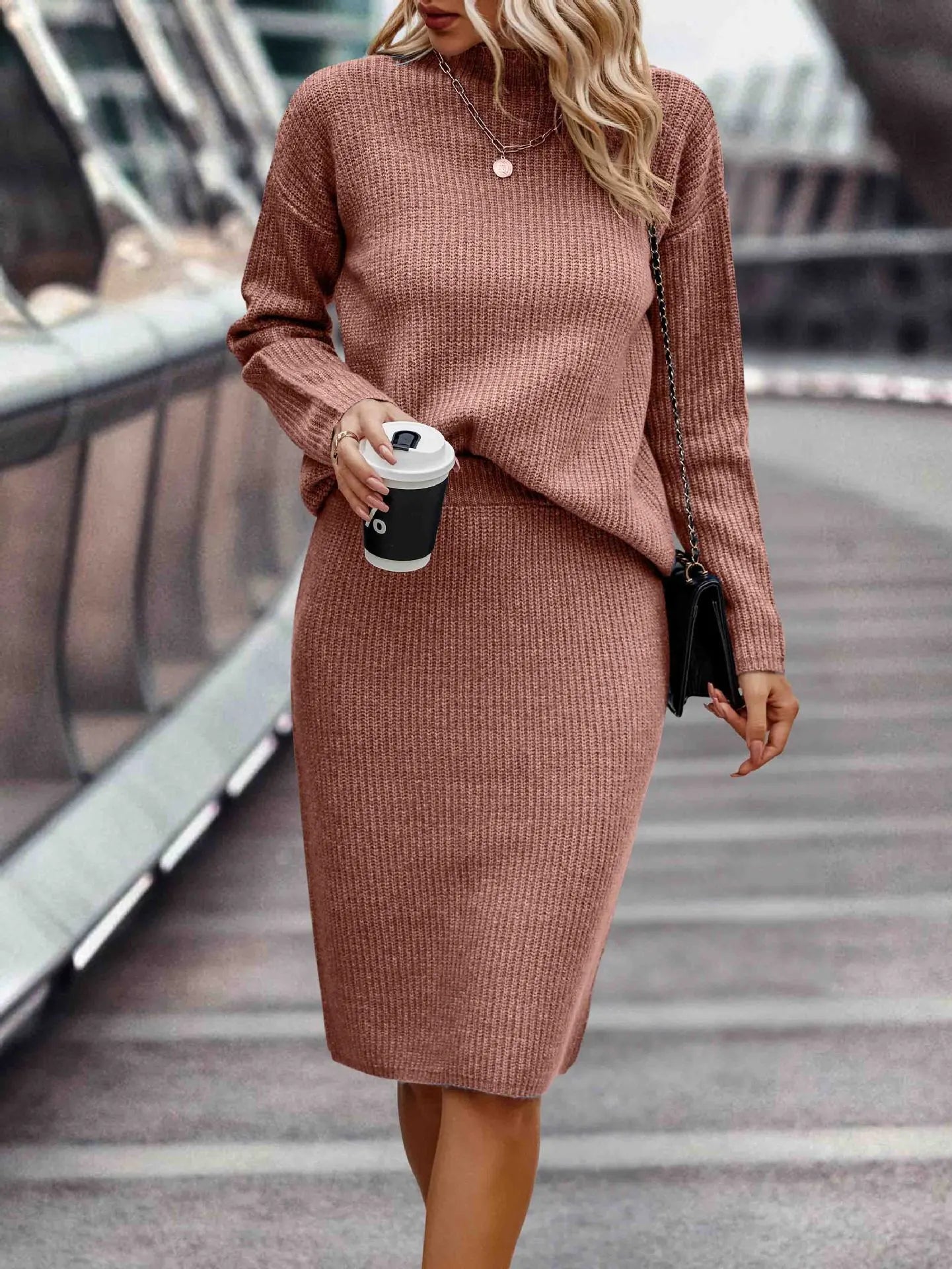Hedwig Knit Set with Stand Collar and Midi Skirt