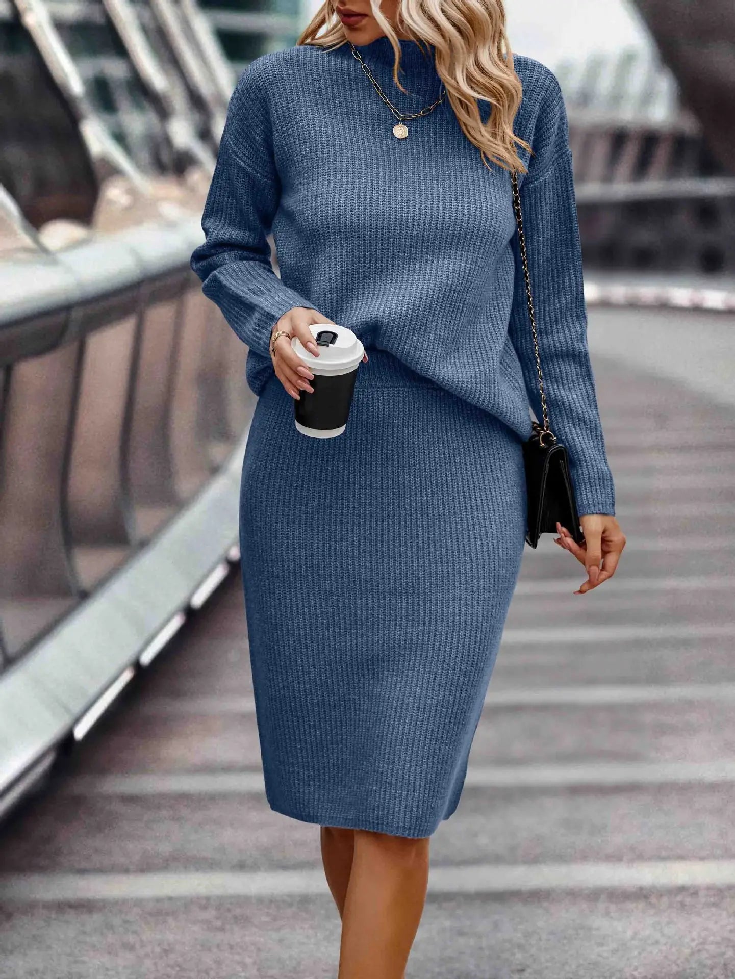 Hedwig Knit Set with Stand Collar and Midi Skirt - Blue