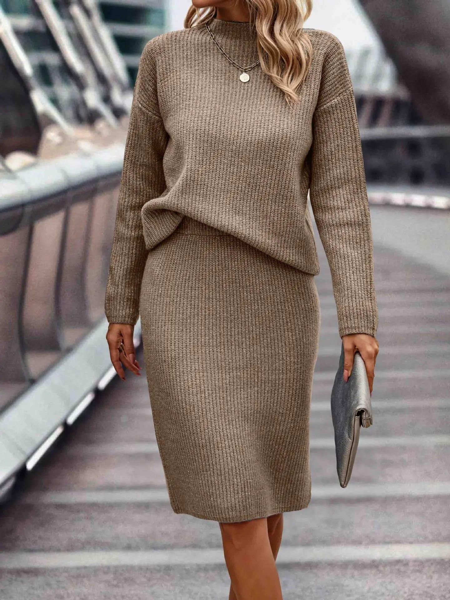 Hedwig Knit Set with Stand Collar and Midi Skirt - Beige