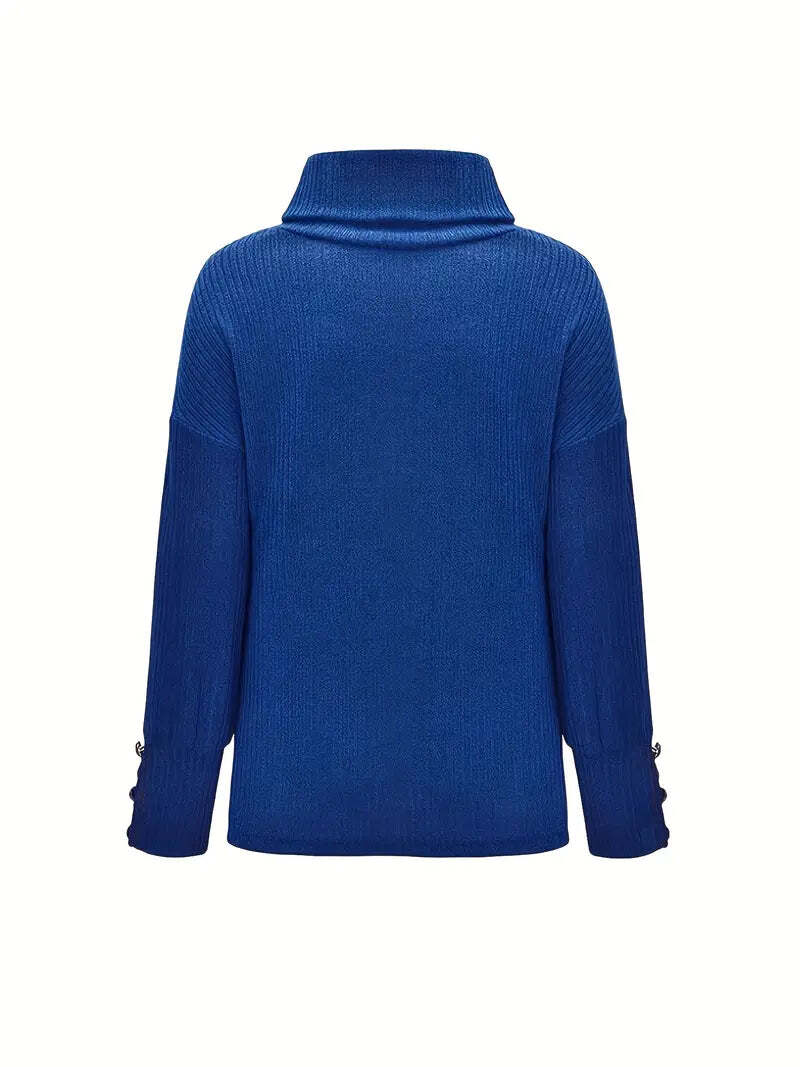Heike Oversized Turtleneck with Button Cuffs and Drop Shoulder - Blue
