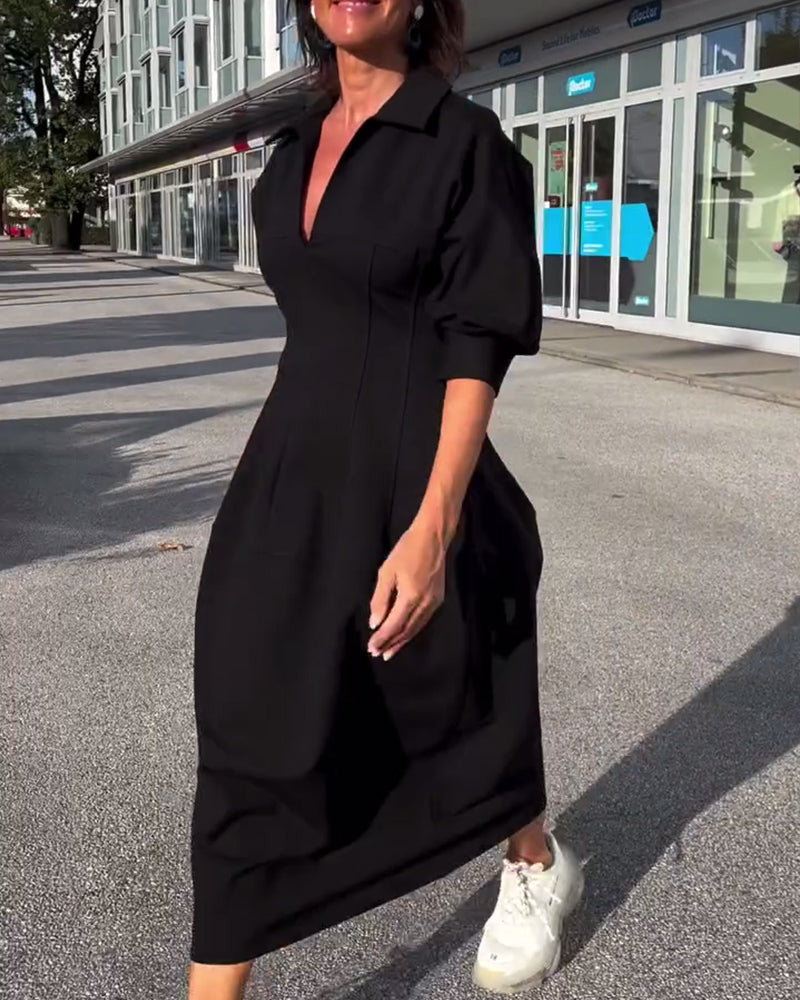 Helene Black Midi Dress with Shirt Collar and Pockets - Black