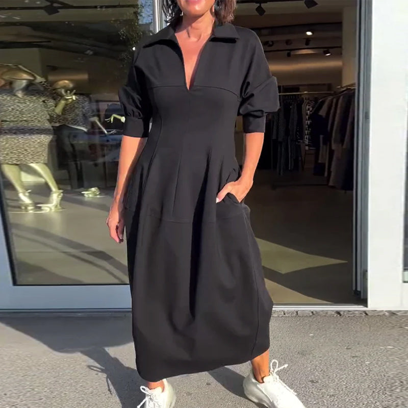 Helene Black Midi Dress with Shirt Collar and Pockets - Black