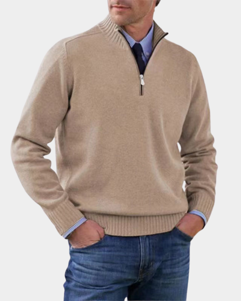 Hezron Men's Zip Pullover with Stand Collar and Straight Hem - Beige