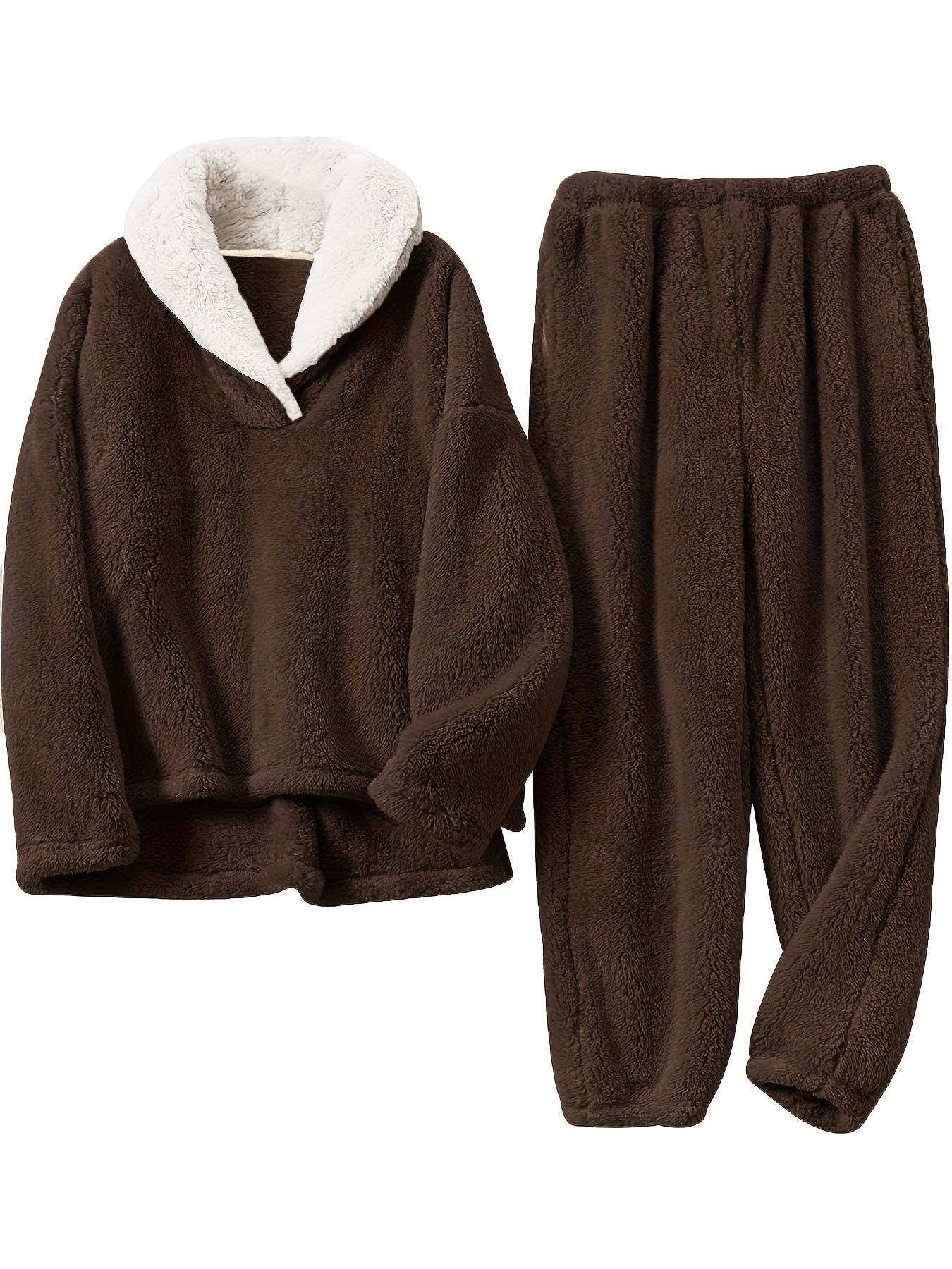 Hildrun Lounge Set with Wrap Collar and Elastic Waist - Brown
