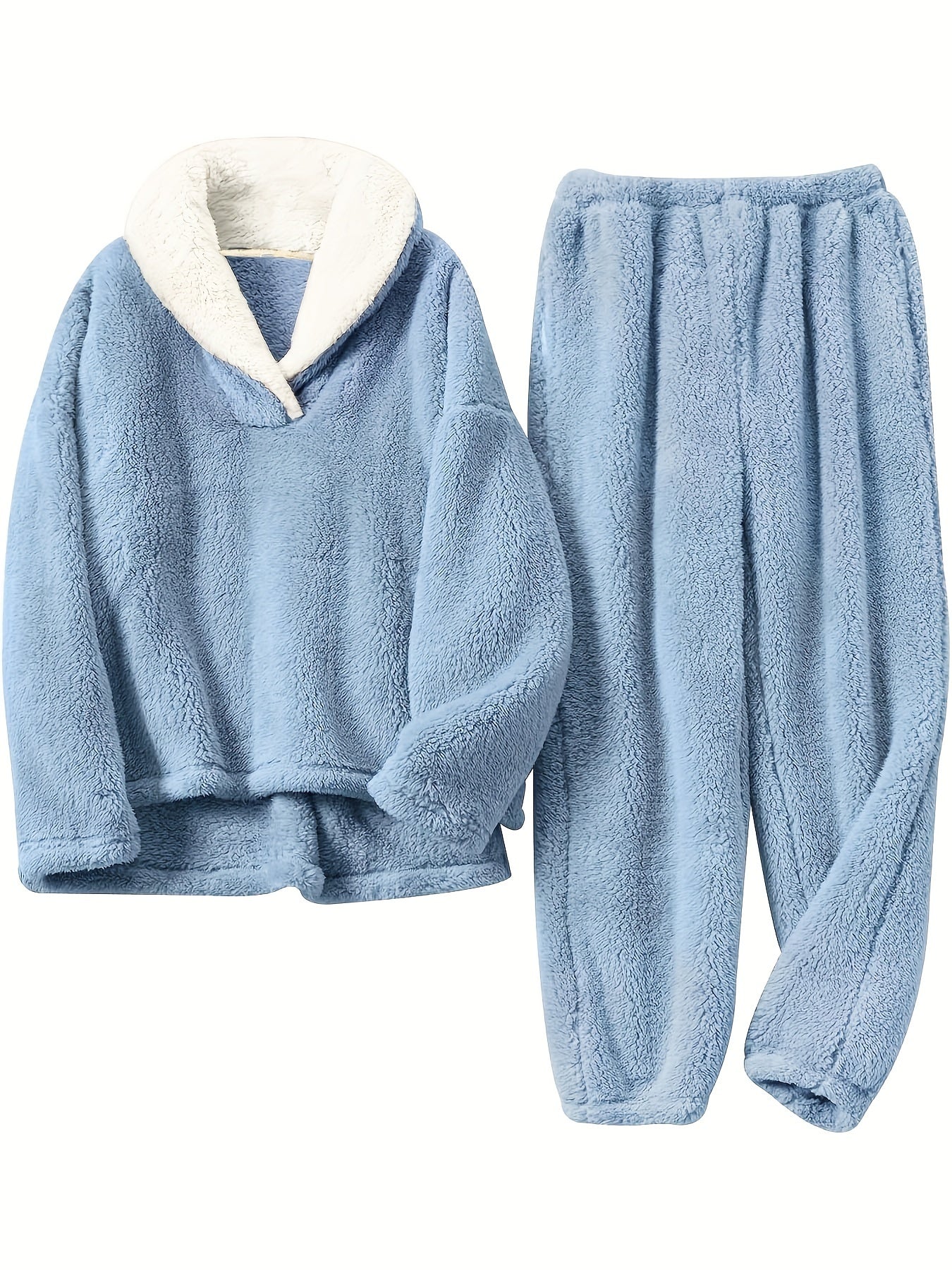 Hildrun Lounge Set with Wrap Collar and Elastic Waist - Blue
