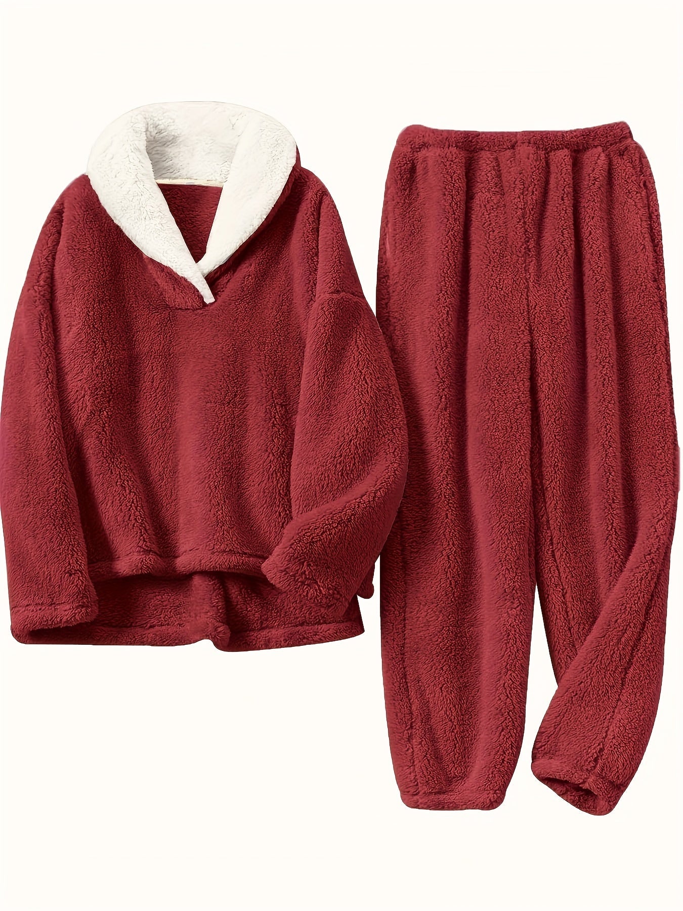 Hildrun Lounge Set with Wrap Collar and Elastic Waist - Red