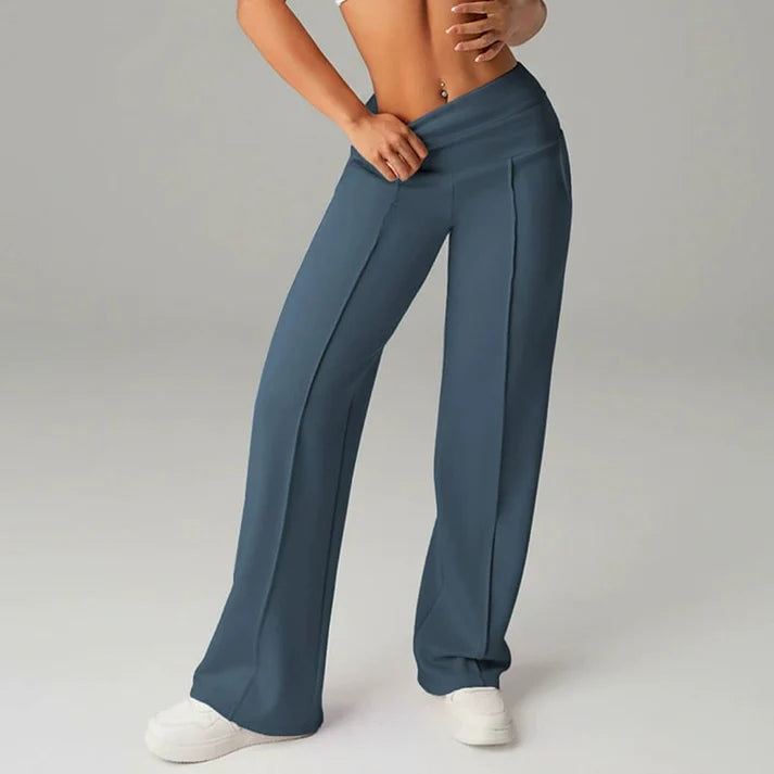 Ines Wide Leg Trousers with High Waist and Pressed Crease - Blue