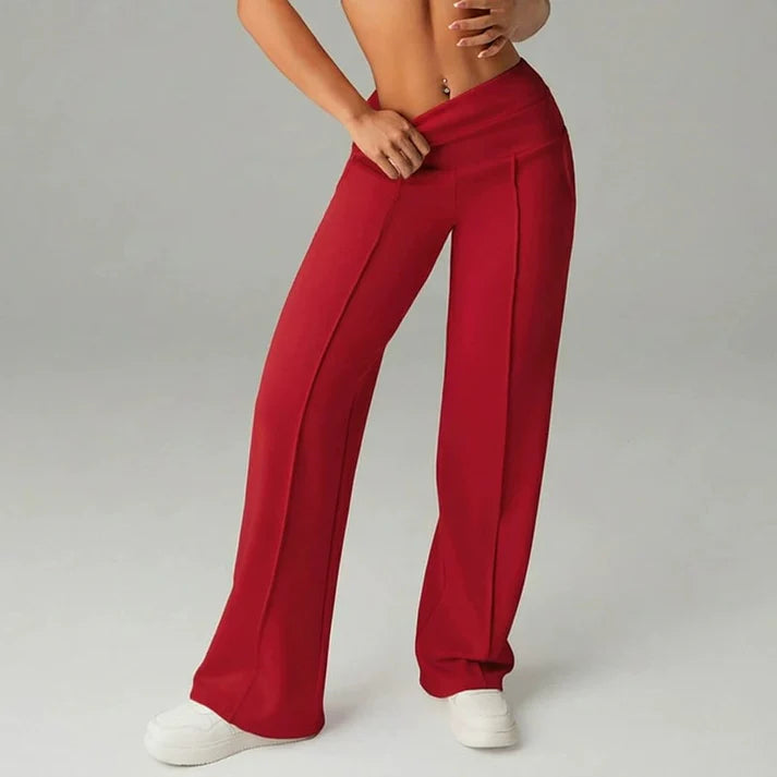 Ines Wide Leg Trousers with High Waist and Pressed Crease - Red