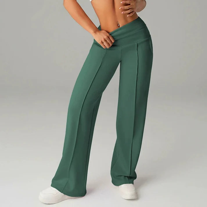 Ines Wide Leg Trousers with High Waist and Pressed Crease - Green
