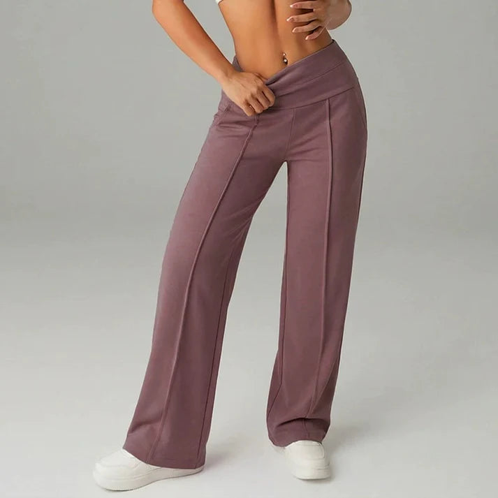 Ines Wide Leg Trousers with High Waist and Pressed Crease - Purple