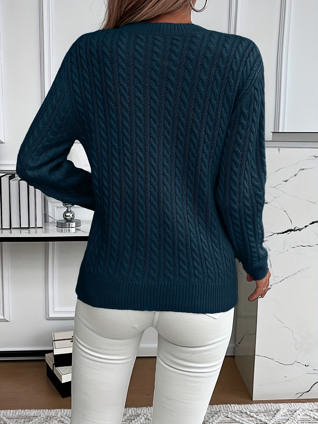 Ingeborg Cable Knit Sweater with Crew Neck and Ribbed Trim - Dark Blue