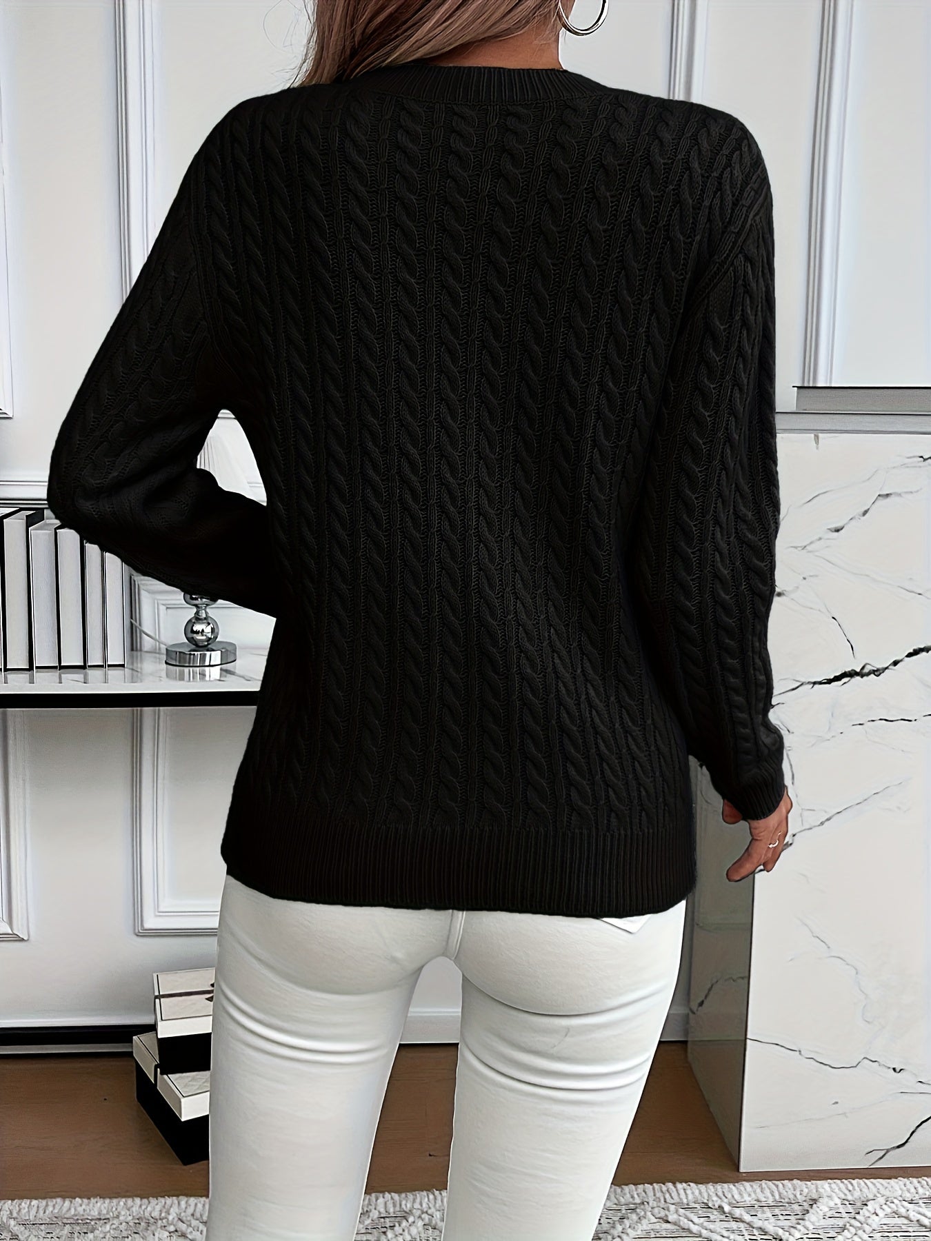 Ingeborg Cable Knit Sweater with Crew Neck and Ribbed Trim - Black