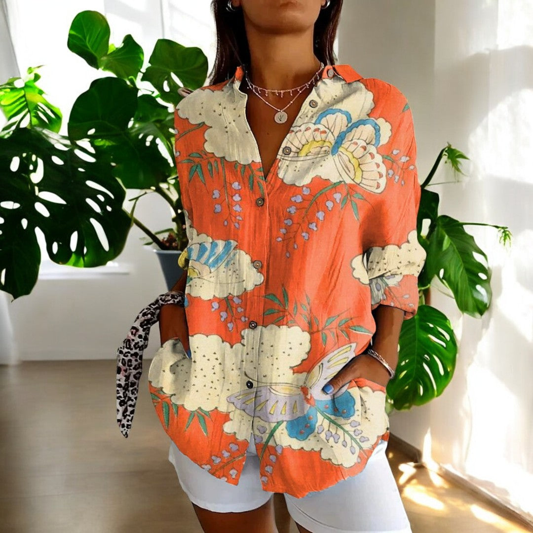 Irene Floral Button-Up Blouse with Long Sleeves - Orange