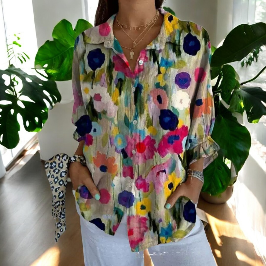 Irene Floral Button-Up Blouse with Long Sleeves - Blossom