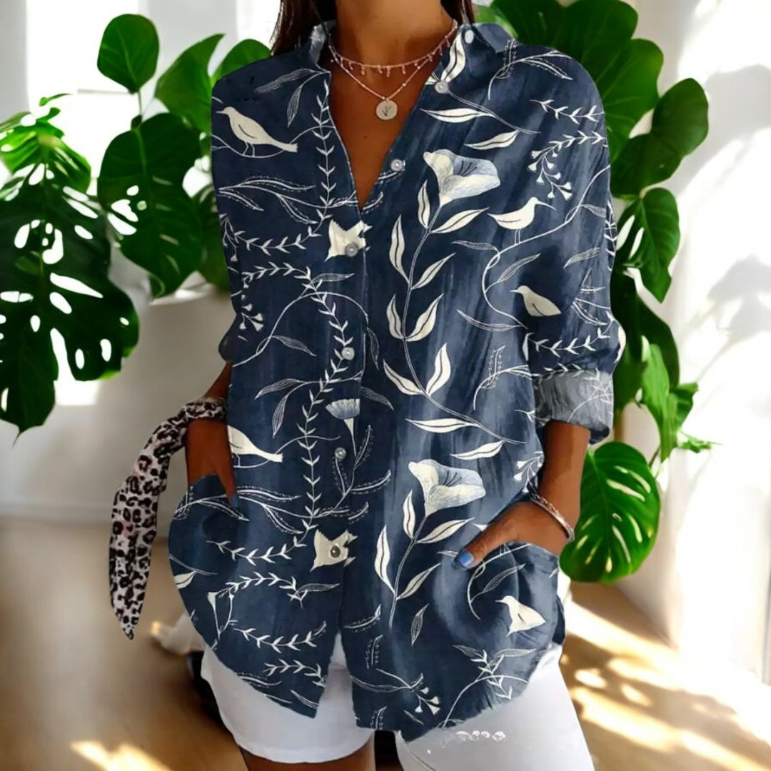 Irene Floral Button-Up Blouse with Long Sleeves - Dark Blue