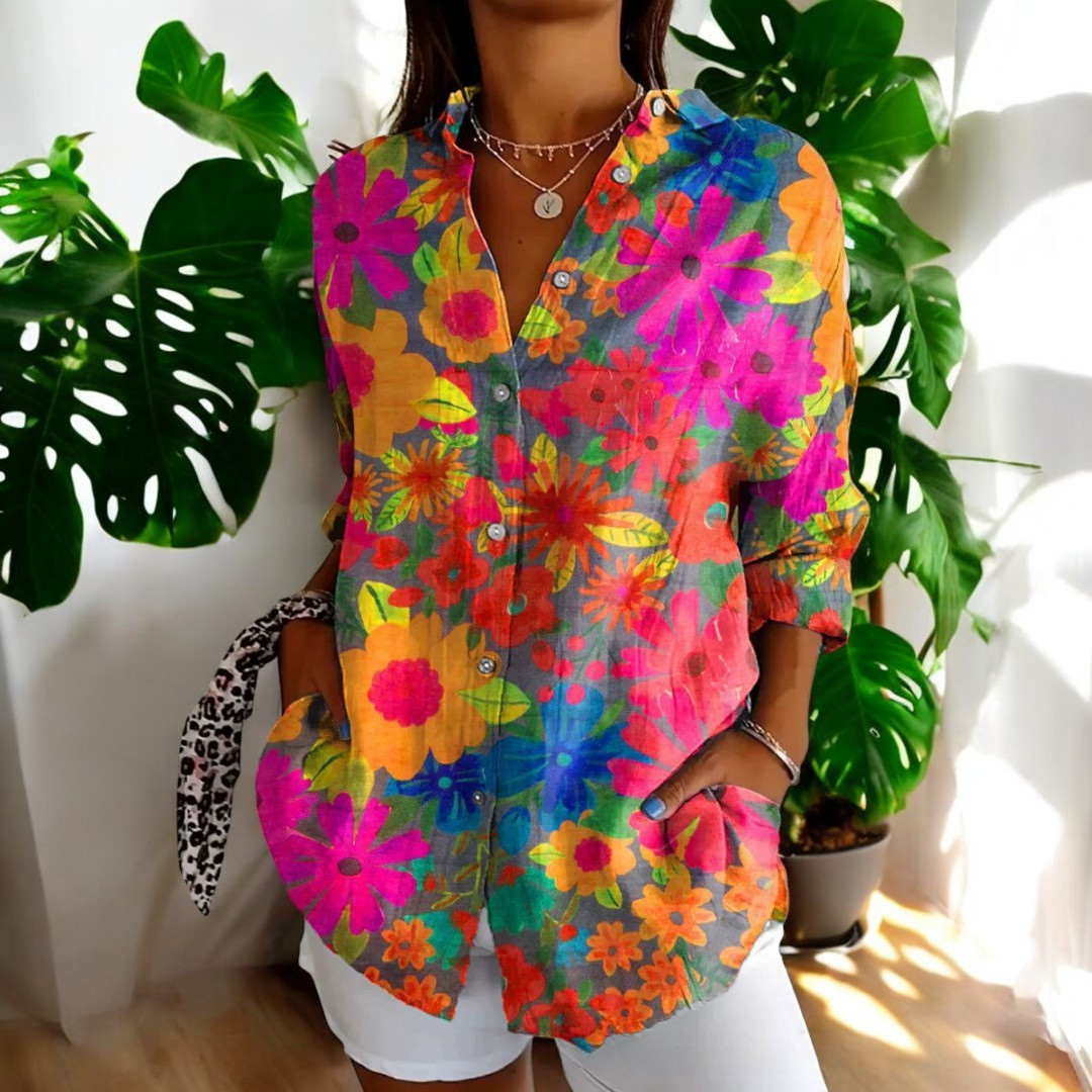 Irene Floral Button-Up Blouse with Long Sleeves - Multicolor