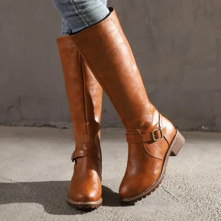 Isabel Knee-High Boots with Buckle Strap and Pointed Toe - Brown