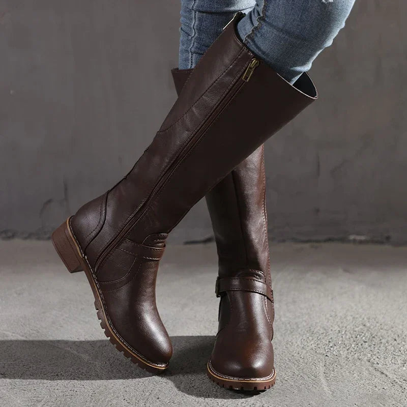 Isabel Knee-High Boots with Buckle Strap and Pointed Toe - Dark Brown