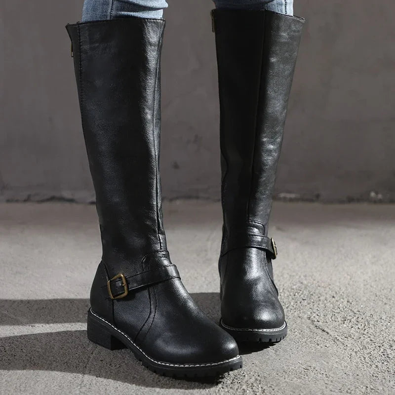 Isabel Knee-High Boots with Buckle Strap and Pointed Toe - Black