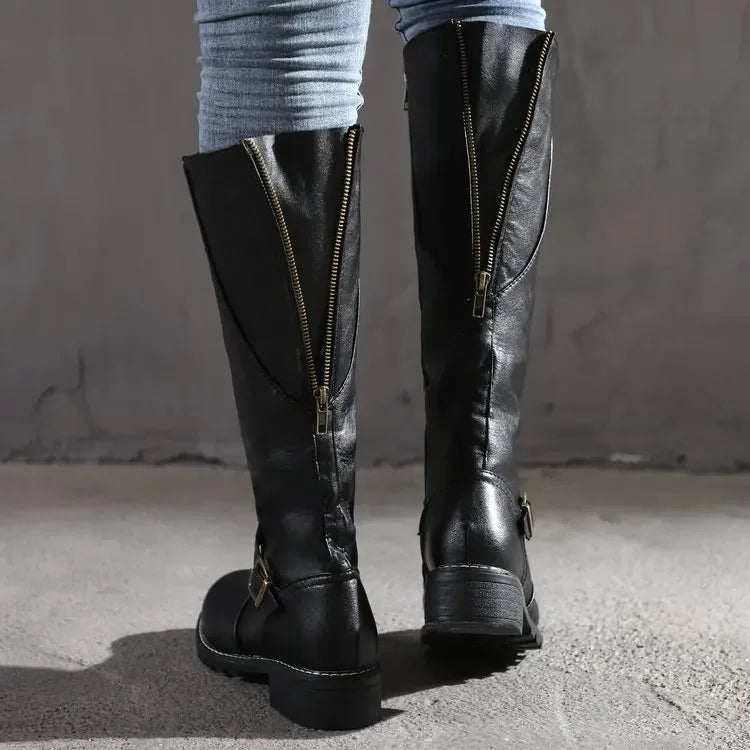 Isabel Knee-High Boots with Buckle Strap and Pointed Toe - Black