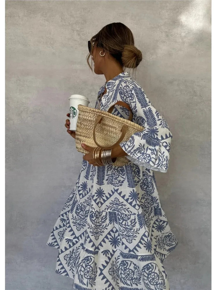 Ivy Printed Tunic Midi Dress with Relaxed Body - Blue