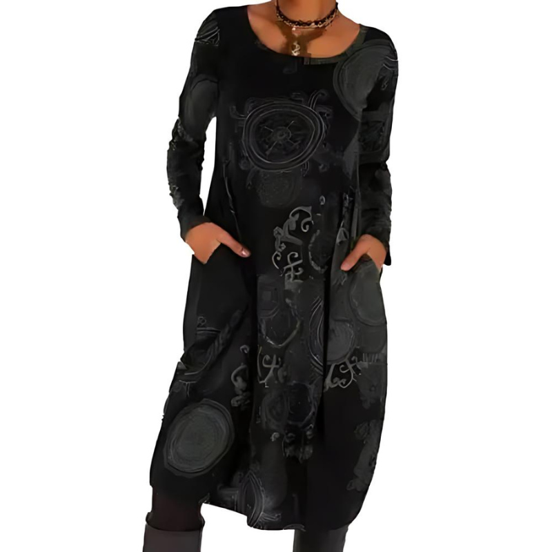 Jana Midi Dress with All-Over Print and Patch Pockets - Black